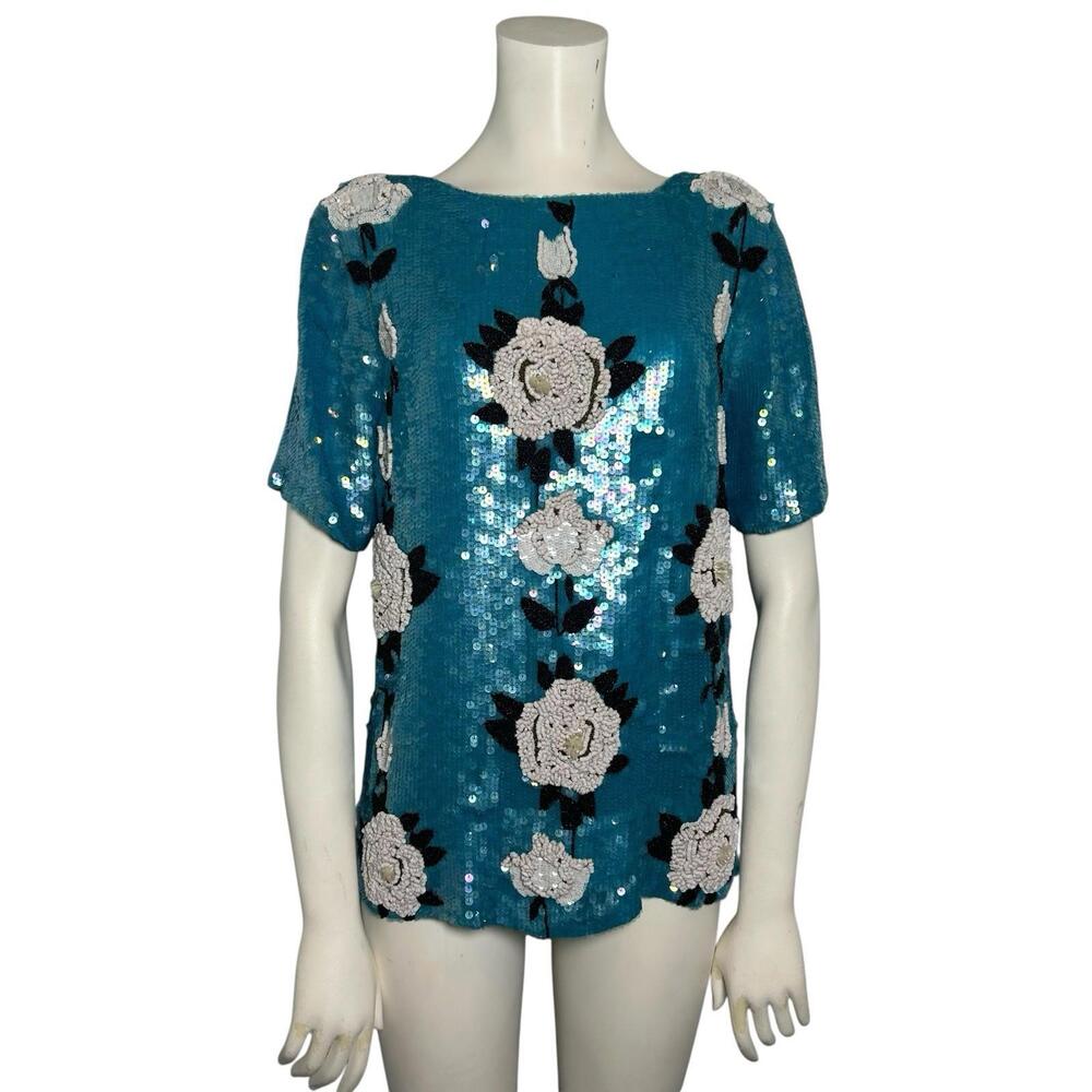 Vintage MODI Silk Sequin Beaded Floral Top Teal 80s 90s India Size 8